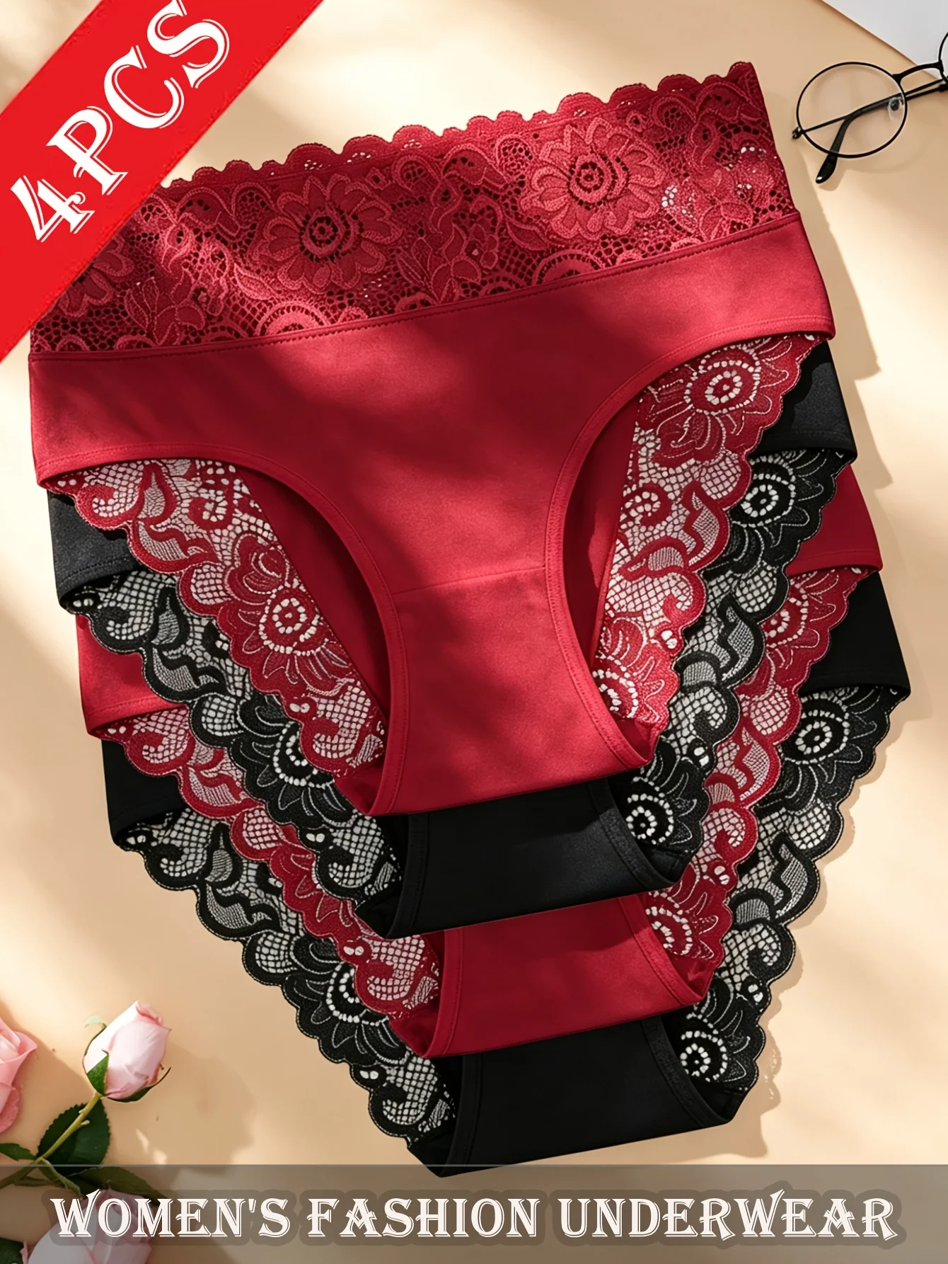 4 Pieces Women's Elegant Lace Trim Triangle Panties - Breathable Mid-rise Underwear with Floral and Geometric Patterns,