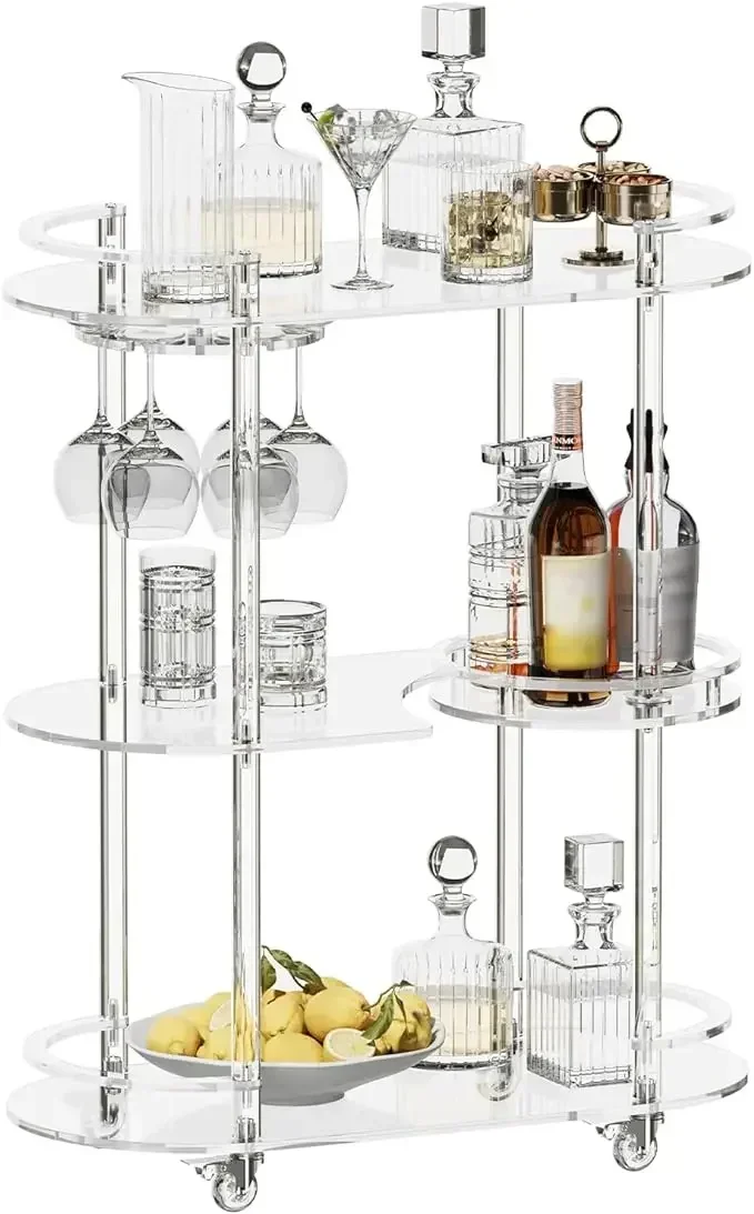 3-Tier Acrylic Bar Cart Glass Holder 4 Lockable Wheels Clear Acrylic Rolling Serving Cart Home Large Storage Display Rack