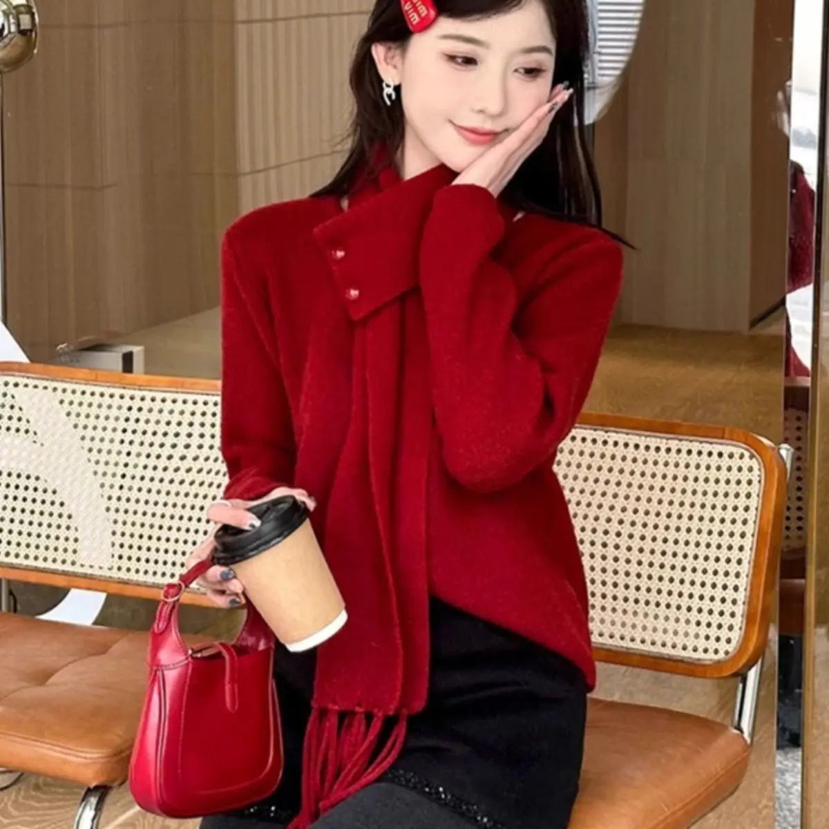 Suéter de inverno feminino estilo coreano moda cachecol destacável aconchegante pulôver de malha grande