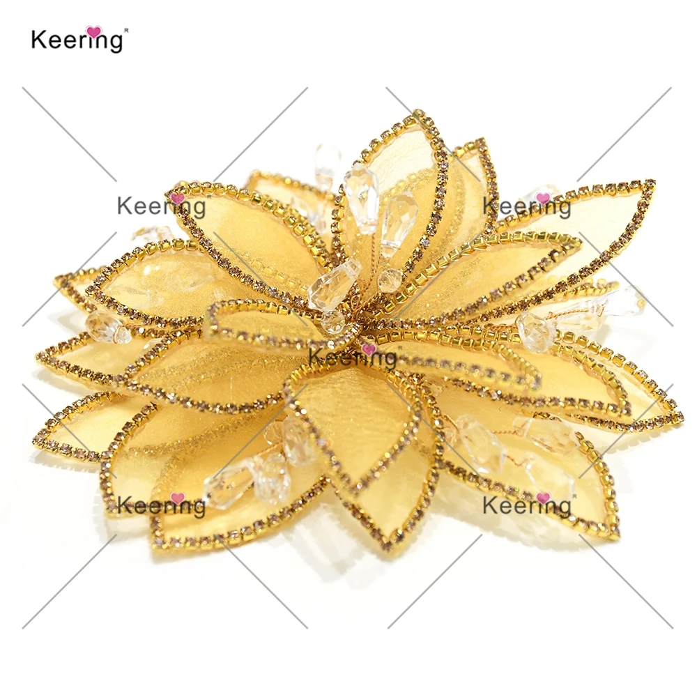 6pcs 3D Rhinestone Wire Flowers Petal Wedding Decoration Artificial Blooming Plant Garden Theme Applique WHD-141