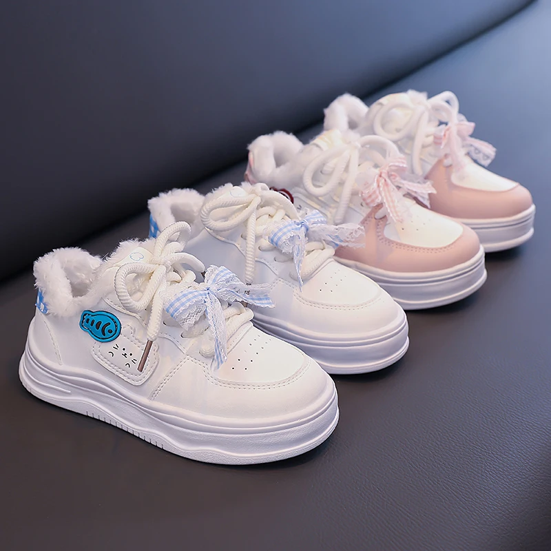

Girls Casual Shoes Sweet Lace Bows Kids Flats Suede Warm Soft Bottom 2025 Winter New Children Sports Shoes Versatile Non-slip
