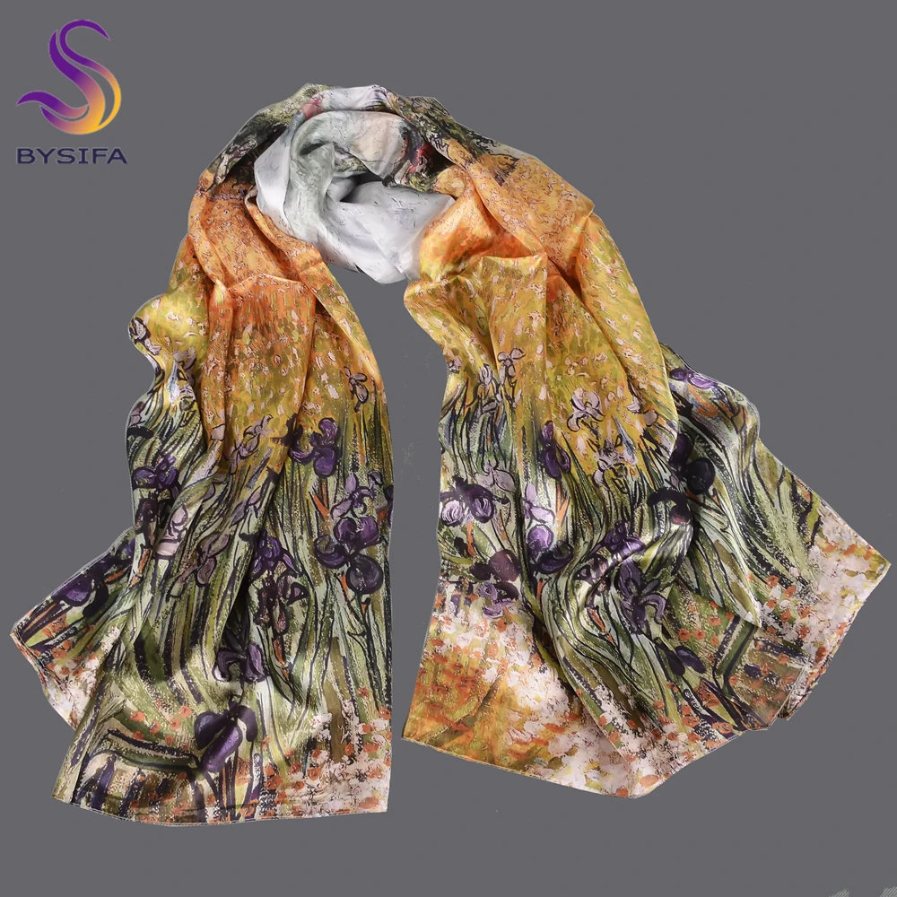 BYSIFA|New Winter Khaki 100% Silk Scarf Shawl Bufanda Women Fashion Floral Summer Long Beach Shawl Spring Fall Ladies Scarves image 2
