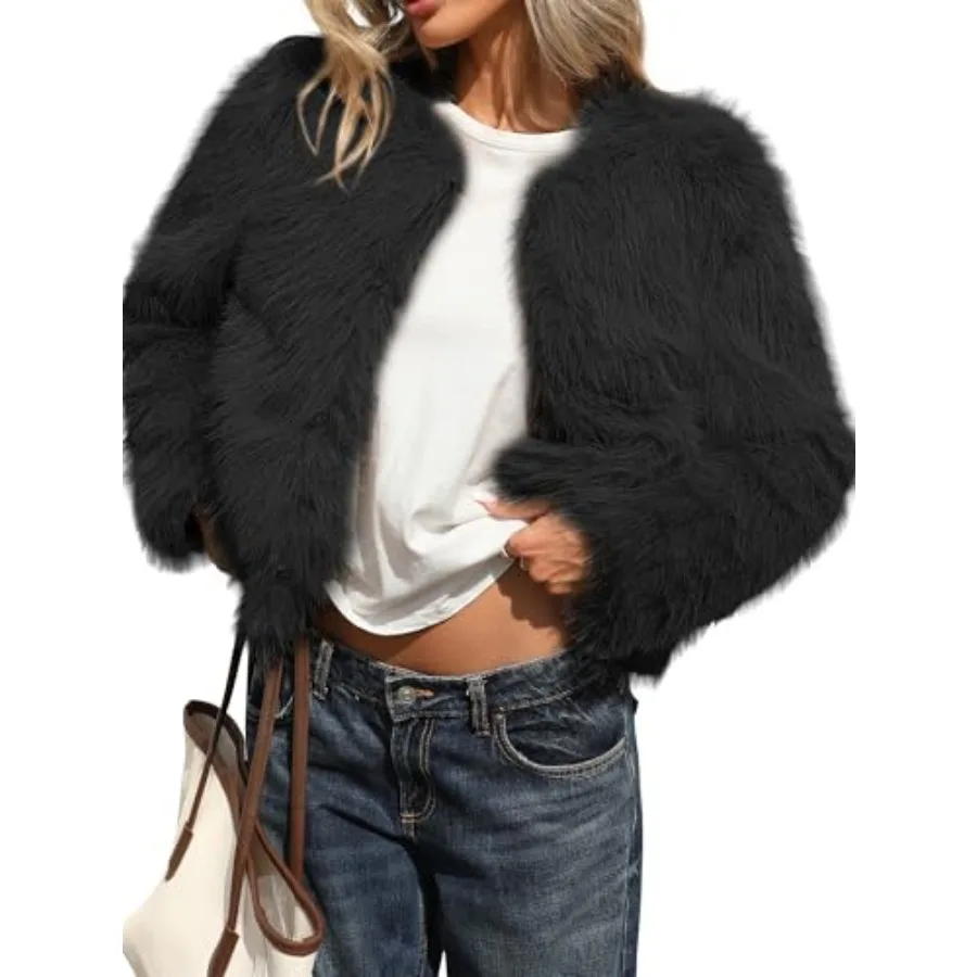 

Женская укороченная куртка ELLEVEN из пушистого искусственного меха: мягкая, теплая, модная зимняя куртка с крючками и карманами