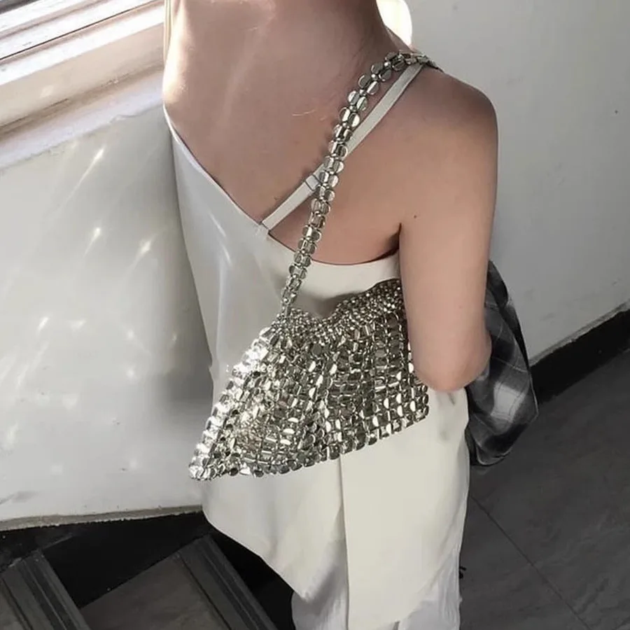 

Женская летняя тканая сумка изысканного дизайна, ажурная серебряная сумка ручной работы на одно плечо, подмышки