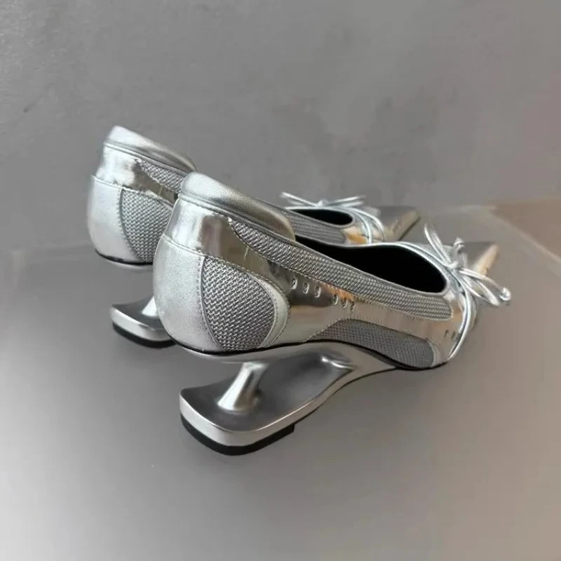 

New Bow Mary Jane Sport Retro Pointed Toe Shallow Mouth Splice Surface Suspension Heel Anti-Slip Wear-Resistant High Heels