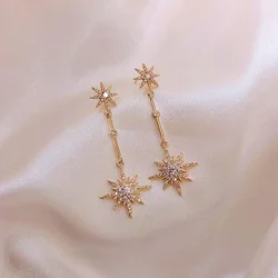 Trendy Eight-pointed Star Long Fringe Luxury Zircon Stud Earrings for Women Unusual Accessory Gift Fashion Jewelry Girls