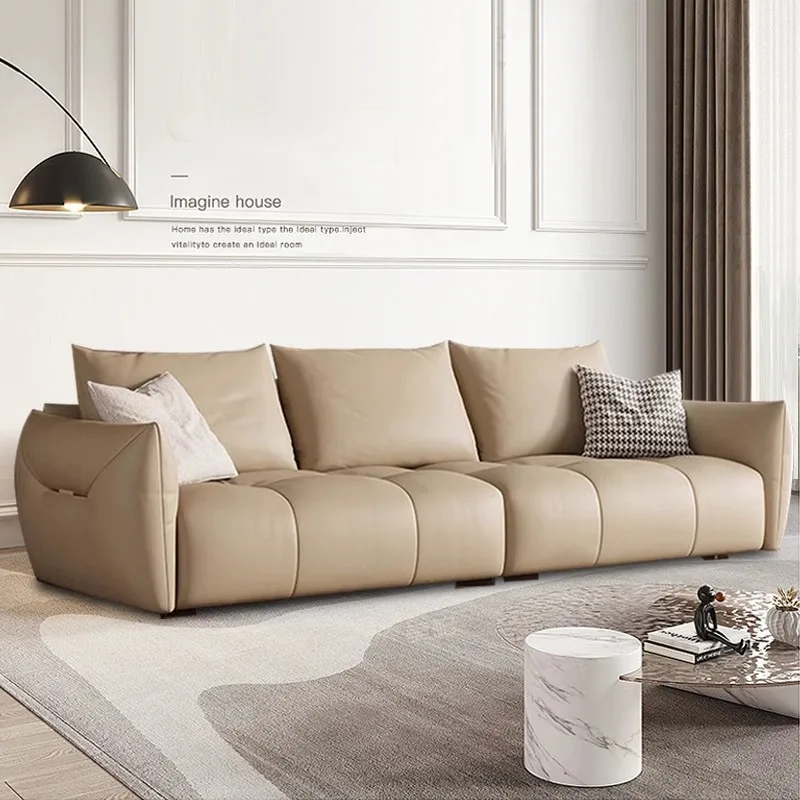 Włoski minimalistyczny skórzana Sofa salon połączenie nowoczesny minimalistyczny lekki luksusowy kremowy styl prosty rząd trzech osób