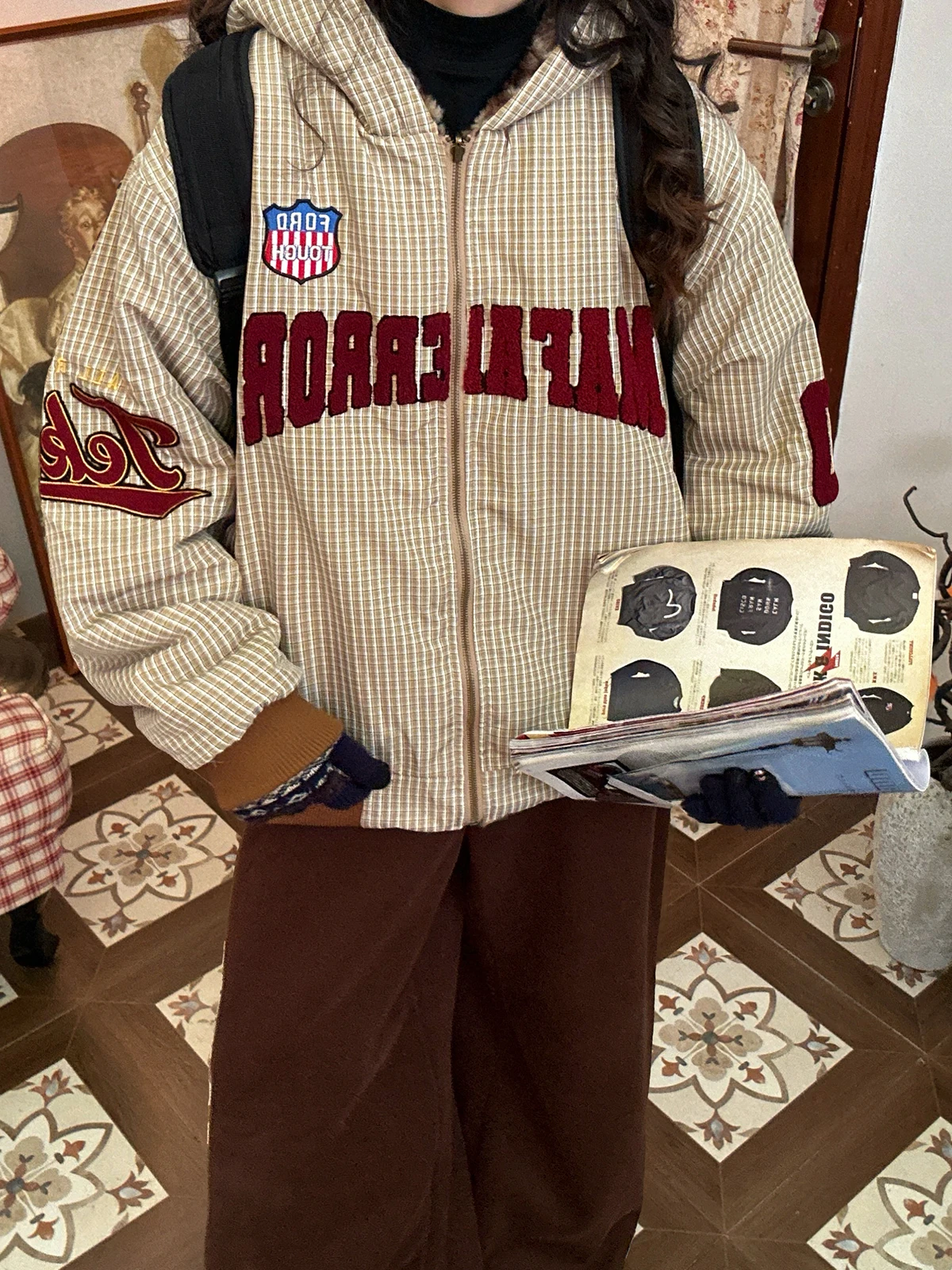 

ex Oversized Plaid Hooded Jaet American Letter Pattern Dual-Sided Wear Cotton Coat for Winter Versatile Casual Outerwear