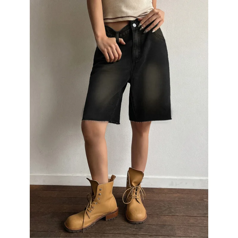 

American Style Black Denim Retro Mid-Length Pants for Women Loose Five-Point Pants Wide-Leg Straight Shorts