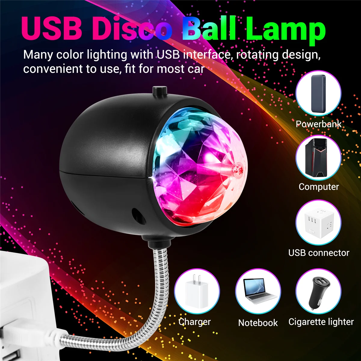 AT14 USB Disco Ball Lamp, Rotating RGB Colored LED Stage Lighting Party Bulb with 3W Book Light, USB Powered (Black)