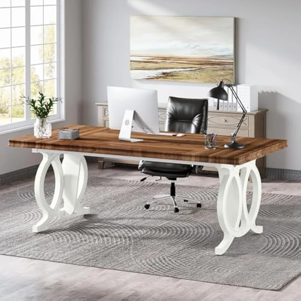 70.9-Inch Executive Desk, Large Office Computer Desk with Double Round Wood Legs, Farmhouse Rectangle Writing Table