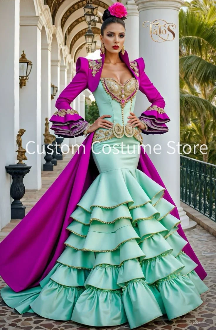 Vestidos de fiesta de celebridades con diseño de sirena de fantasía, color menta y fucsia, estilo flamenco, chaqueta de manga larga, falda con volantes, vestido de gala para eventos nocturnos, atuendo español.