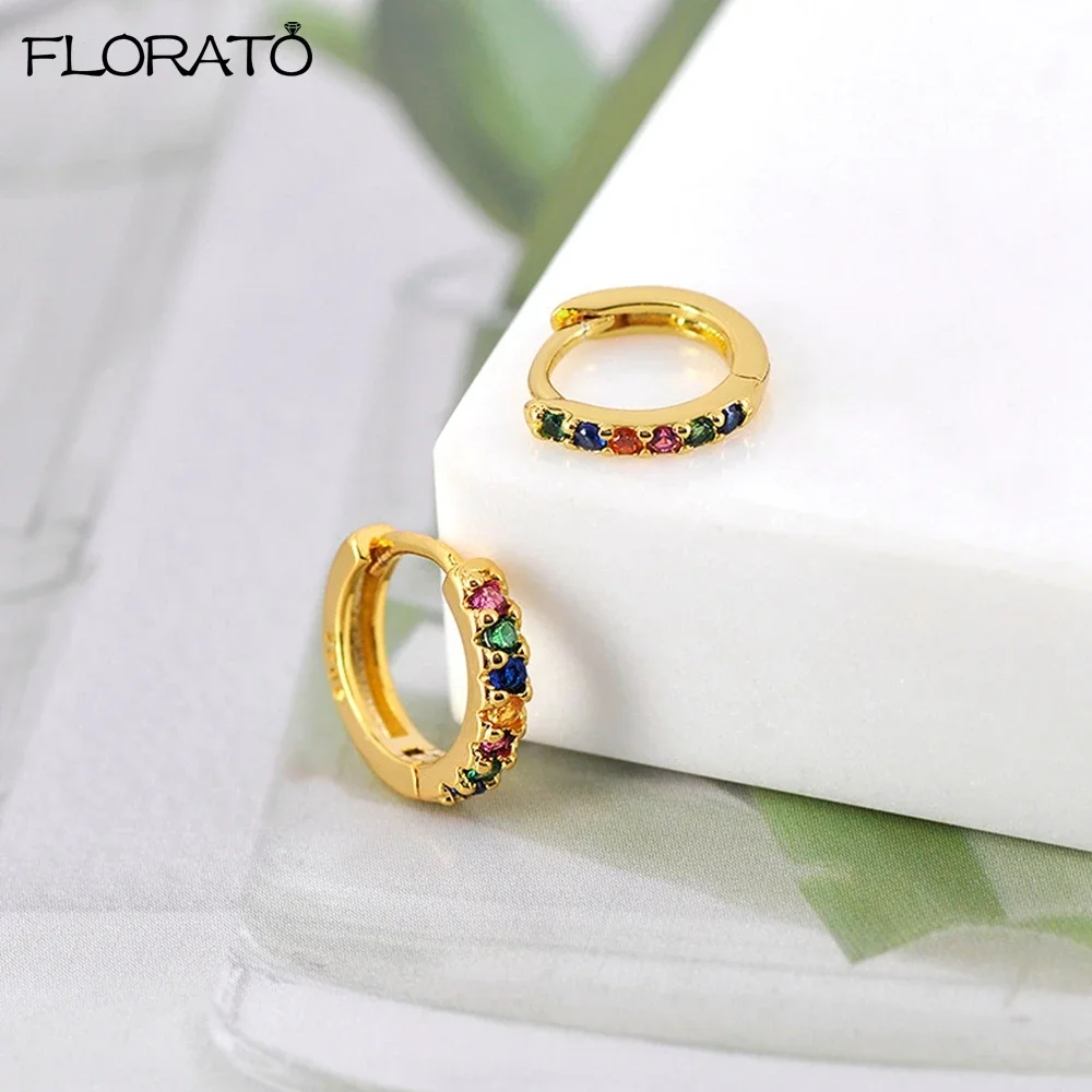 925 Sterling Silver Ear Buckle Round Rainbow Crystal Hoop Earrings Zircon Earrings Fashion Jewelry For Women Birthday Gifts