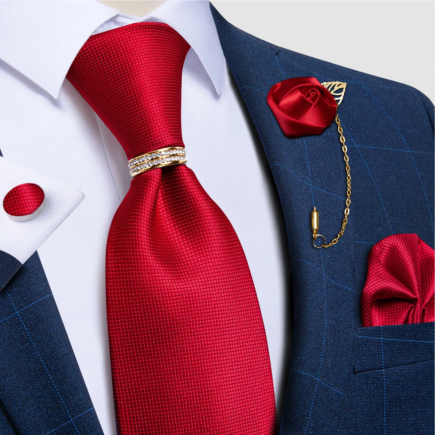 

Luxury Red Solid Paisley Silk Ties for Men with Tie Ring Brooch Pin Wedding Party Men Accessories Handkerchief Cufflinks Gift