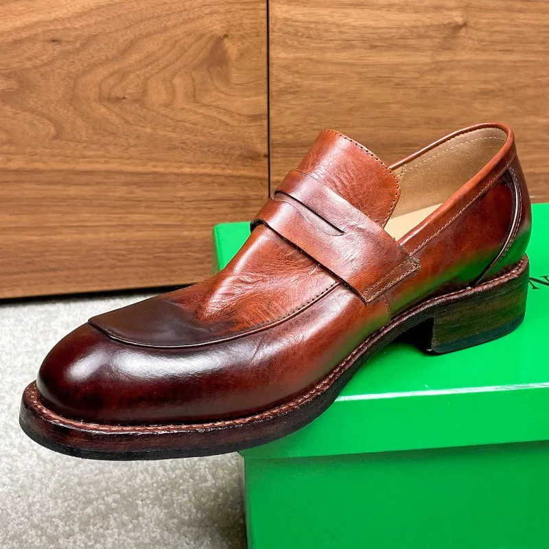 

Hand-washed Cowhide Casual Dress Shoes Men Business Wedding Shoes Wrinkled Thick-soled Genuine Leather Slip-on Loafers