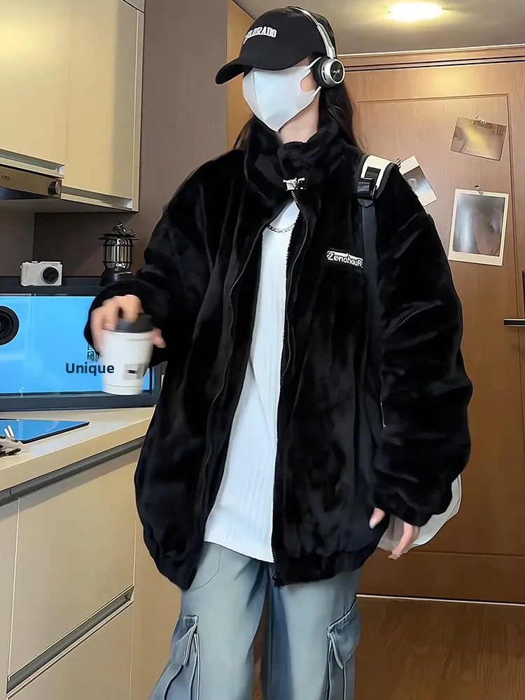

Korean Lazy Sle Lamb Velvet Jaet Men's Autumn Winter Thiened Warm Cotton Heavy Du Cold Proof Bla Cotton Coat