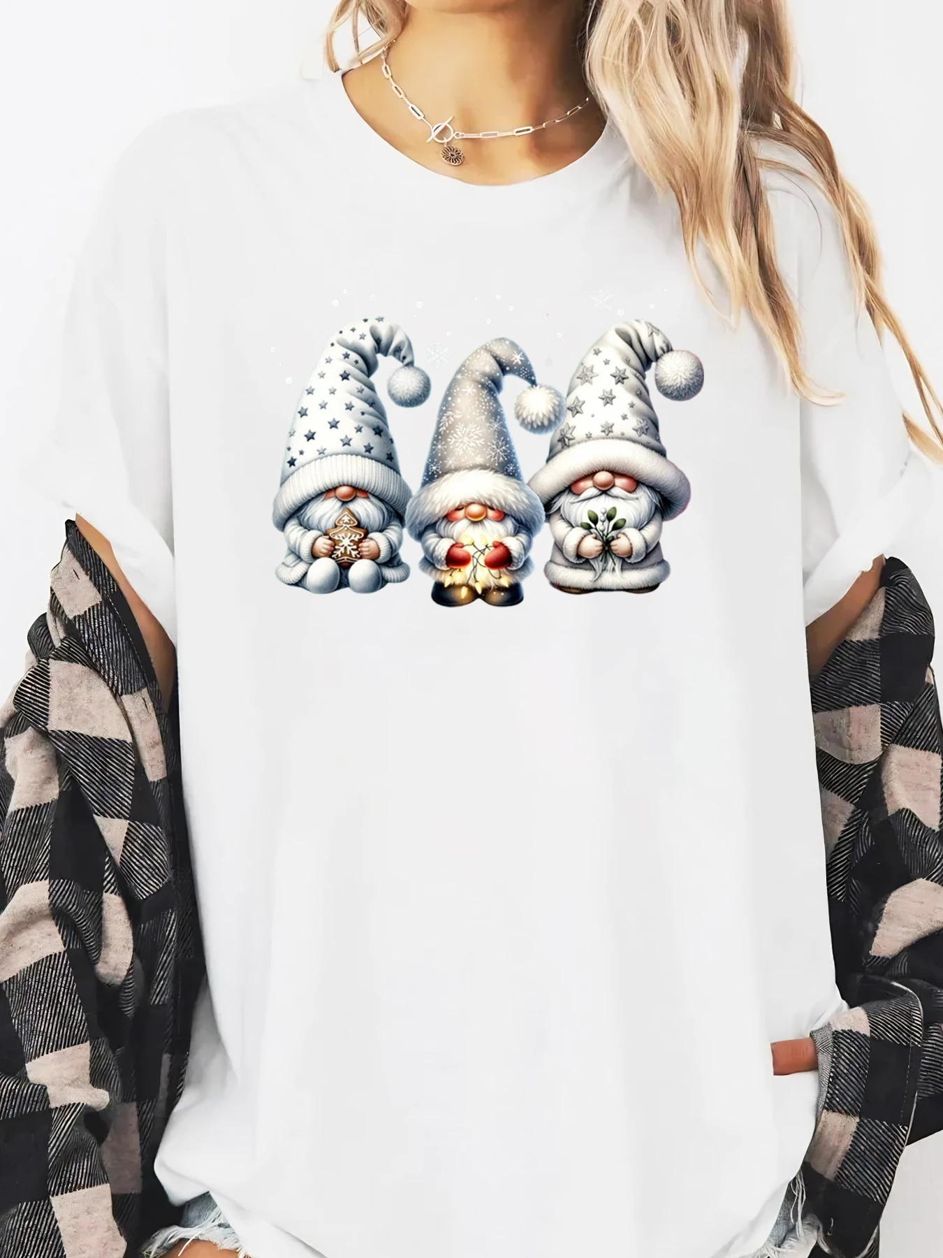 Kerstkabouters Print Vakantie T-shirt Dames Casual Winteroutfit Wit Plus-maat