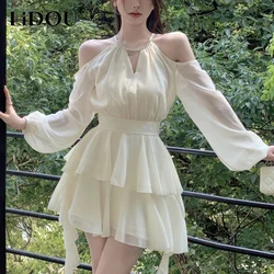 Spring Summer Off the Shoulder Halter White Sexy Cake Dress Ladies Hollow Out Long Sleeve Elegant Fashion Robe Fairy Vestidos