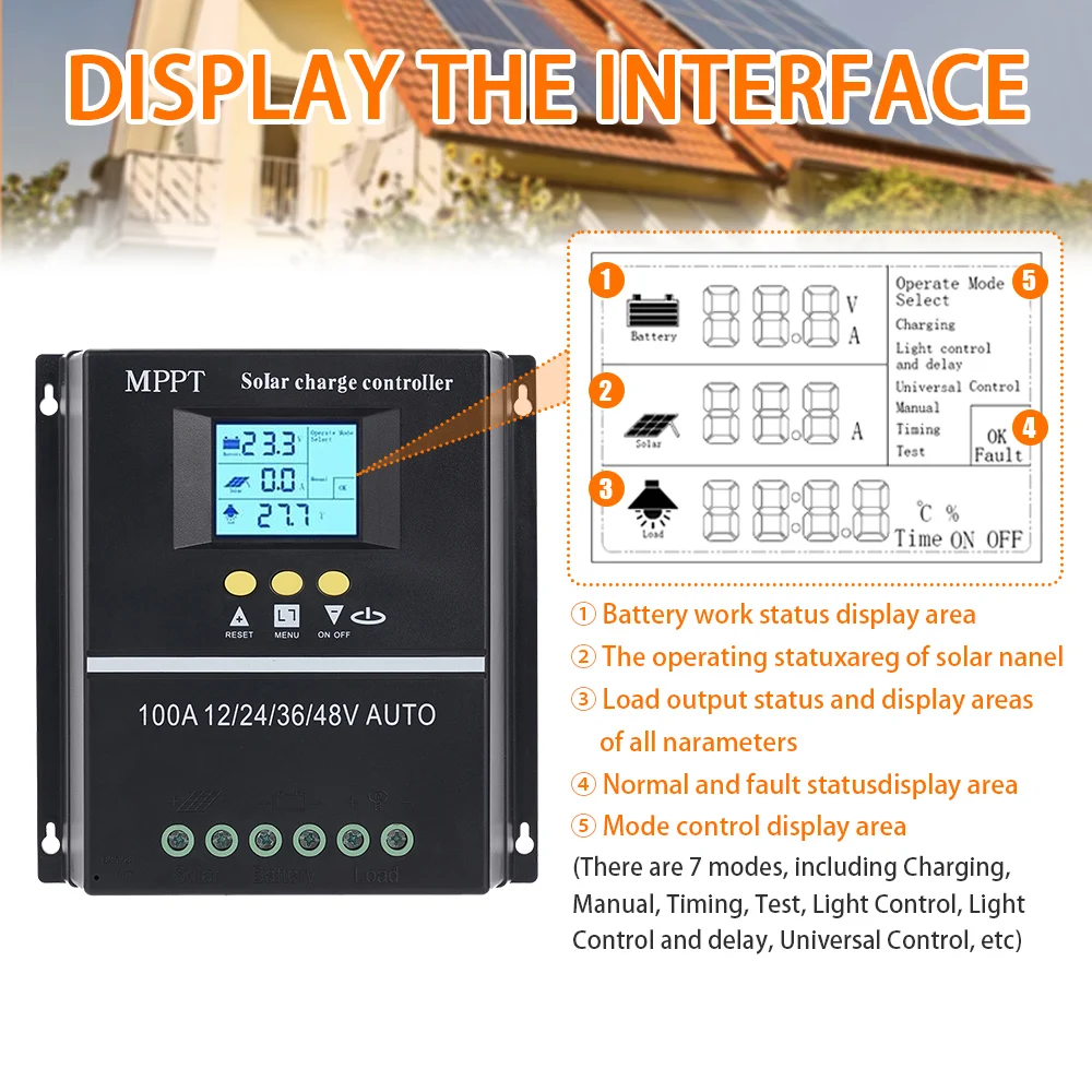 100A Solar Controller MPPT 12V24V36V48V Hybrid Photovoltaic Control Automatic Recognition Solar Charging Control Tool