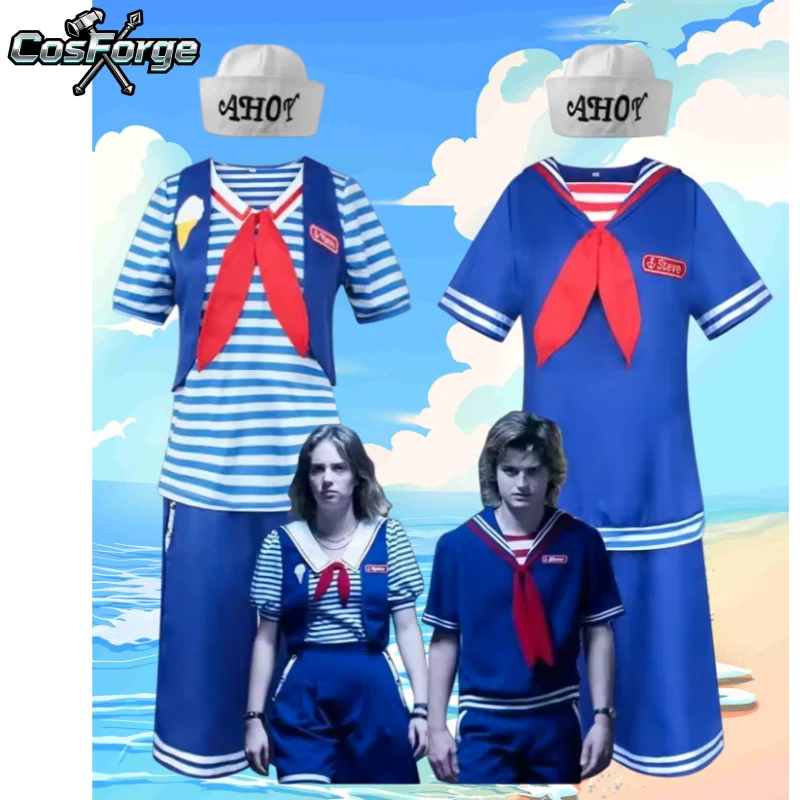princess polly baby blue dress Adult Custom Blue, Red, & White Scoops Ahoy Robin Inspired Stranger Things  Costume Cosplay Shirt, Shorts, Vest main image 0