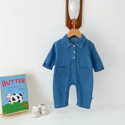 Autumn Baby Boys Denim Bodysuit Pocket Solid Turndown Collar Loose Infant Boys Overalls Stretch Long Sleeve Toddler Boys Outfits