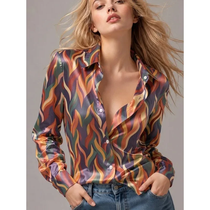 Women's Satin Printed Blouse Long Sleeve Button Down Shirt Turn Down Collar Loose Fit Elegant Casual Office Lady Spring Autumn