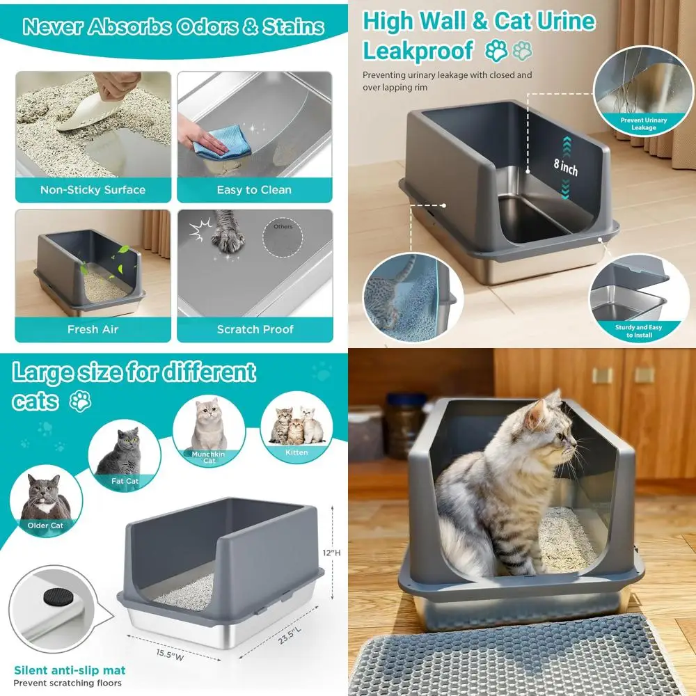 

Extra Large Metal Cat Litter Box with Lid, XL Non-Stick Litter Tray for Indoor Cats, Large Cats, Anti-Leakage, 23.5 X 15.6 X 12