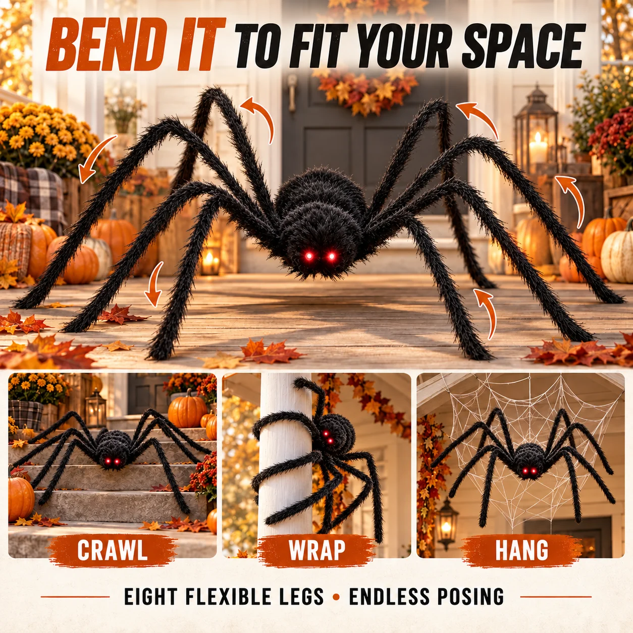12PCS 6.2FT Giant Halloween Spider Set with Bendable Legs, 10 Mini Spiders & 0.7oz Stretchable Spider Web, Large Furry Outdoor Halloween Decorations for Yard, Porch, Lawn, Party & Haunted House