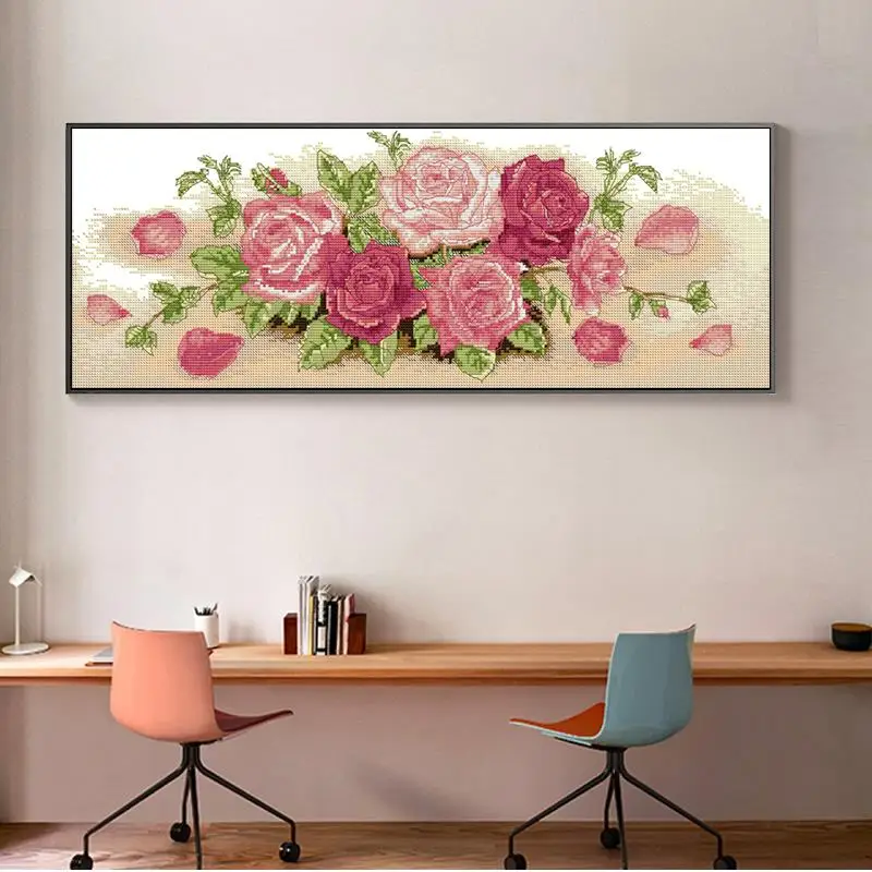 Pink Roses Flower Pattern Cross Stitch Embroidery Set 14CT 16CT 11CT Canvas Printed Fabric Sewing Kit DIY Home Decorative Crafts