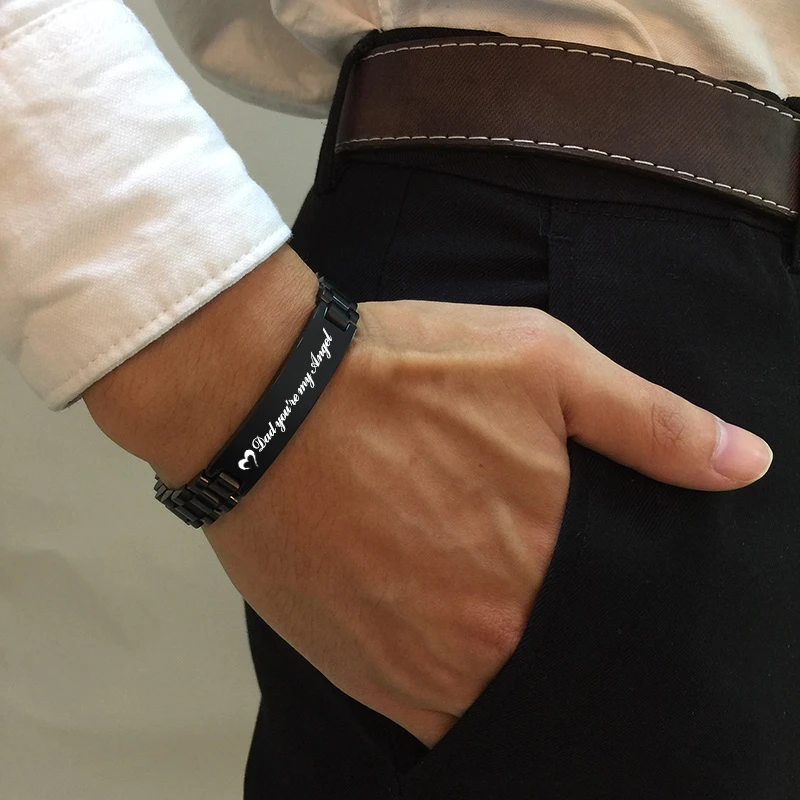 Vnox Personalized Heart Thanks Quotes to Dad Men Bracelet Stainless Steel Casual Gents Customized Meaningful Father's Day Gift