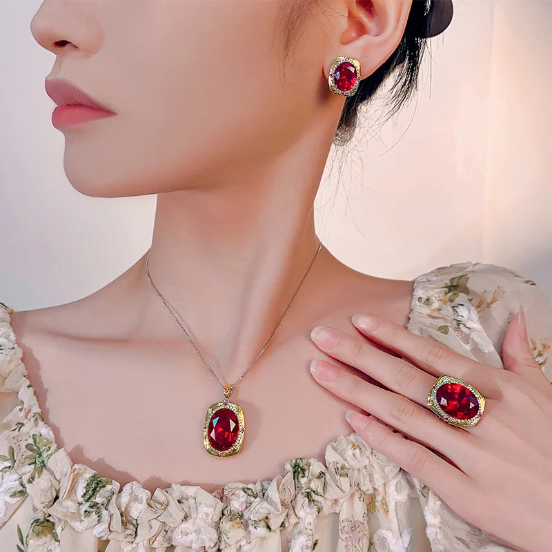 

Luxury Red Oval Gemstone Jewelry for Women Adjustable Ring Necklace Earrings Vintage Gold Cubic Zirconia Statement Jewelry Gift