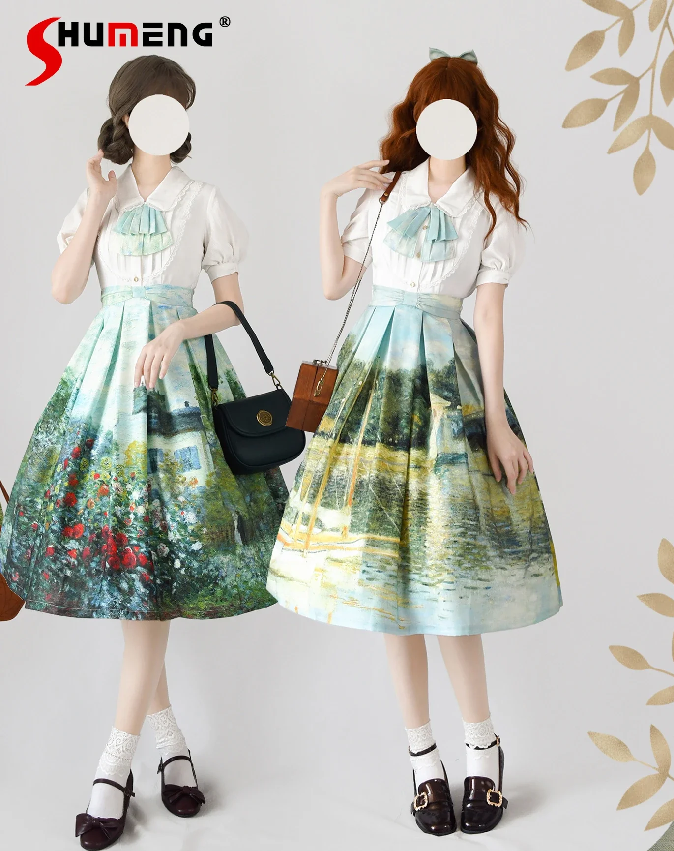 European Retro Lolita Long Skirt Women's Autumn High Waist Slim Fit Elegant Oil Painting Printed Skirt White Short-sleeved Shirt