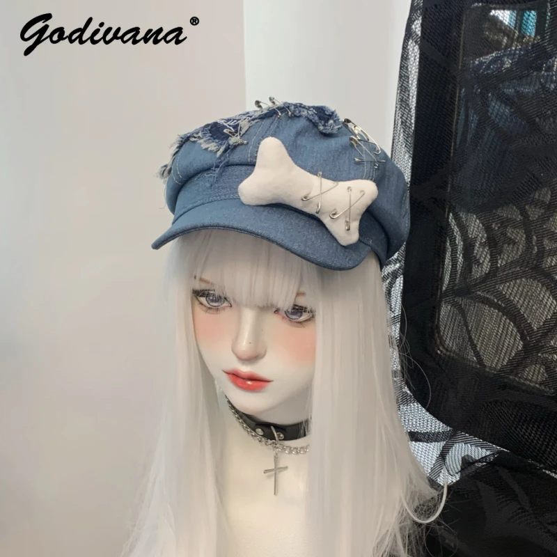 Original Design Denim Beret 2024 Spring and Summer New Student Women's Beret Painter Hat Subculture Hat Caps