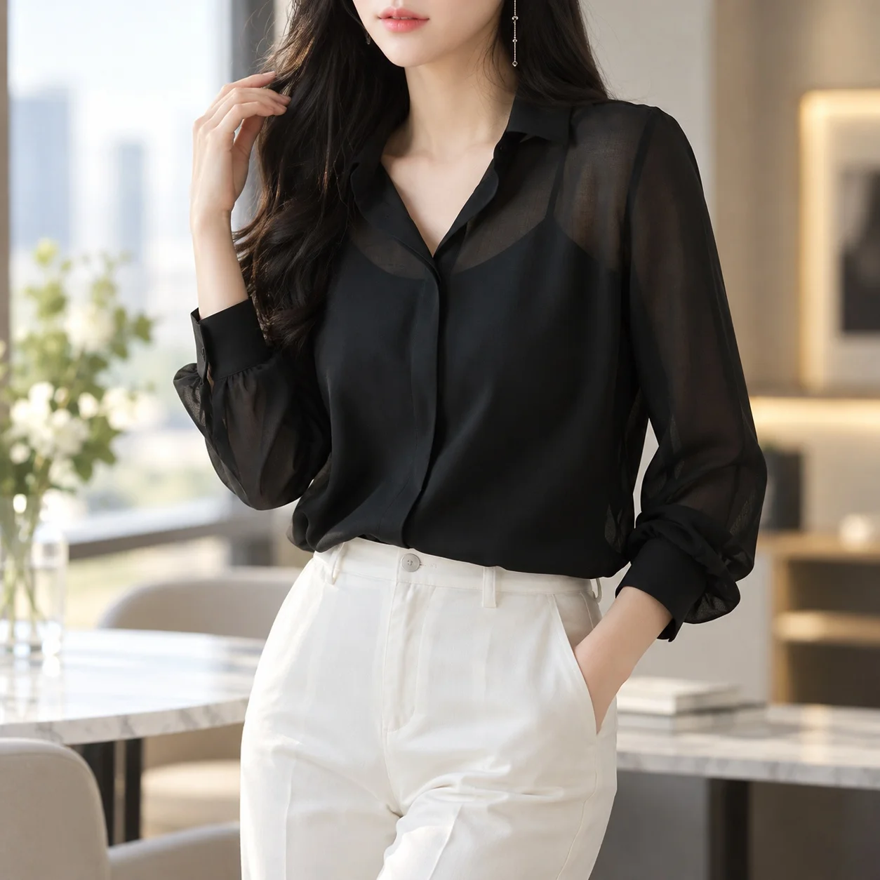 Casual No Stretch Coat Regular Fit Office Style with Patchwork Mid Length Open Cardigan Style Spring Long Sleeve Women Blouse