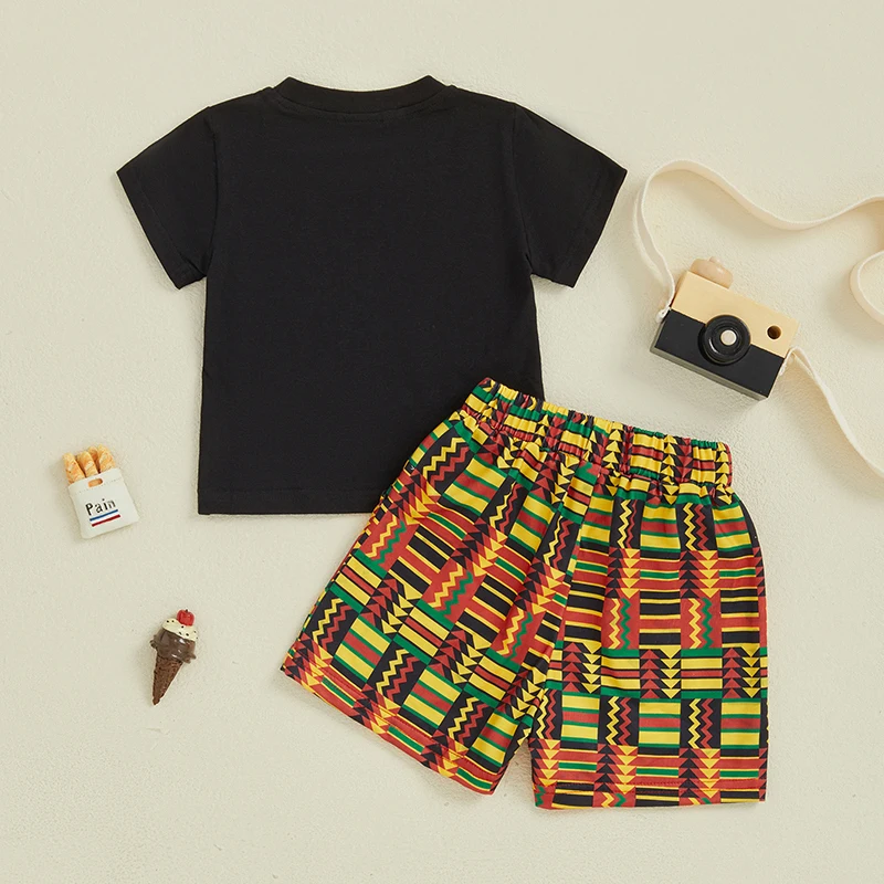 SUNSIOM 0-3 jaar Afrikaanse shorts voor babyjongens, zwarte tops met korte mouwen, O-hals en shorts met patroonprint