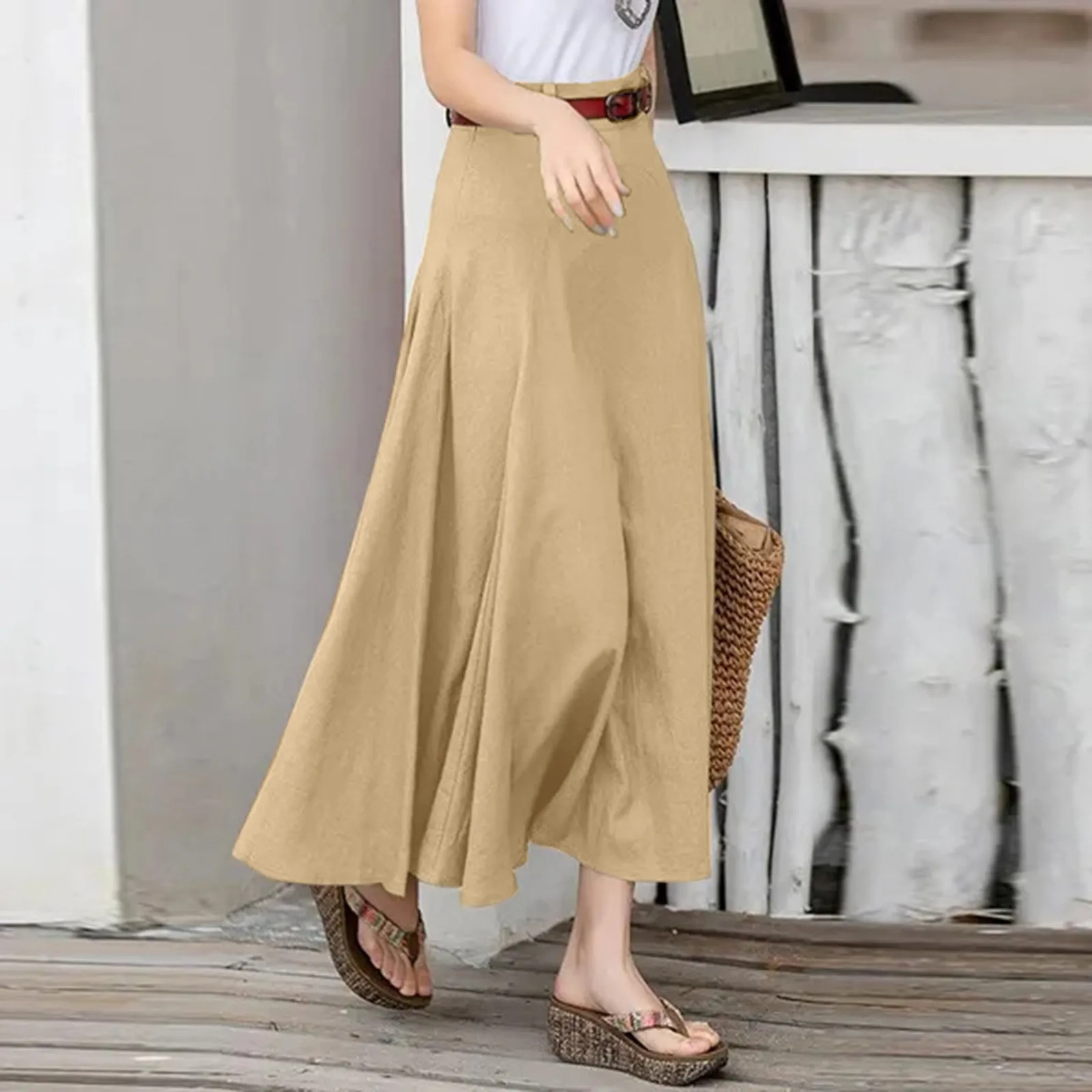 Elegante 2024 Zomer Casual Midi Rokken Vrouwen A-Lijn Oversized Patchwork Rok Effen Kleur Onderkant Dames Rits Hoge Taille Rok