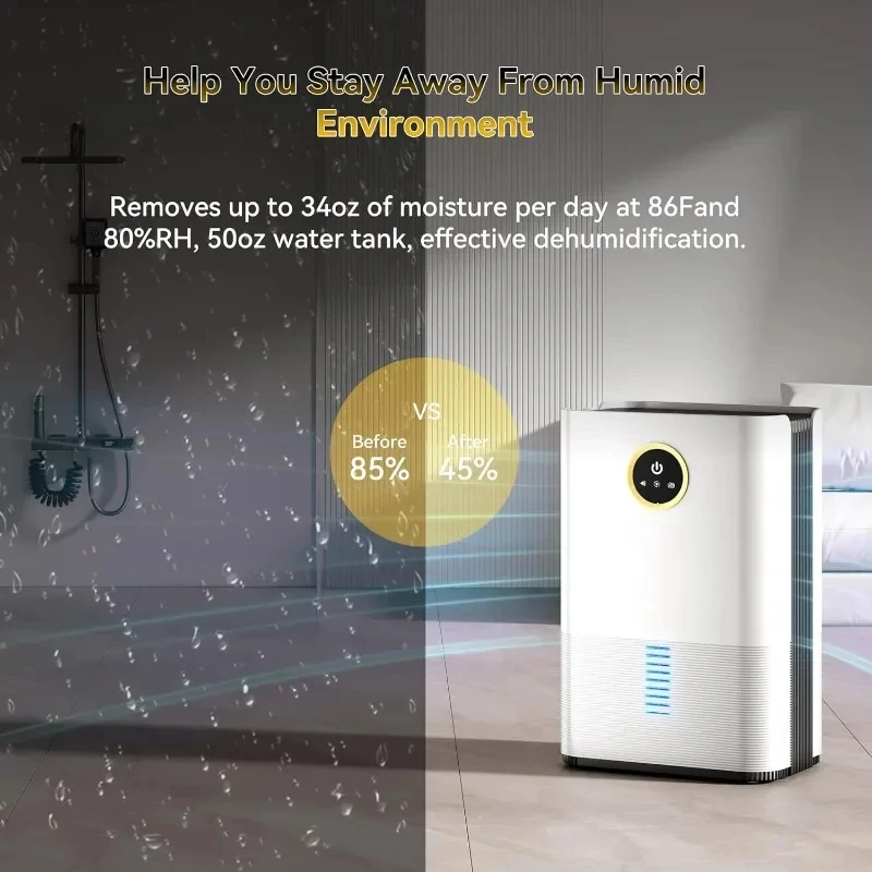 Dehumidifier for Room for Home, 50 OZ Water Tank Dehumidifiers Safe Drainage Auto-off Odor Removal for Basement Bathroom RV
