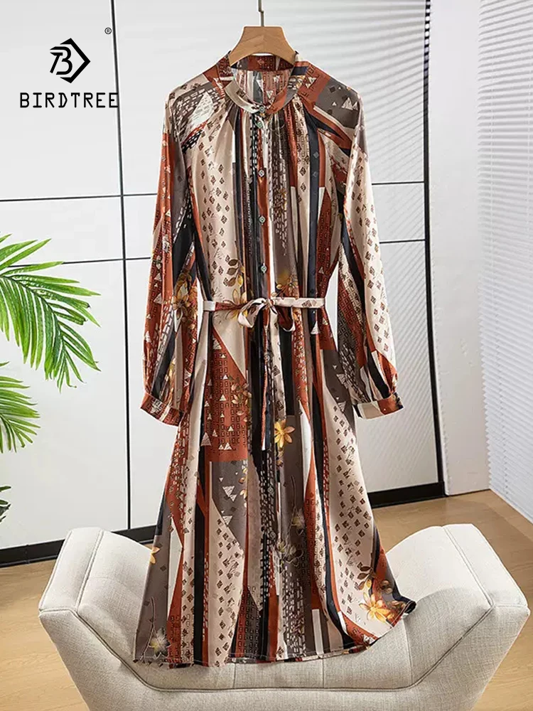 

BirdTree, 93%Real Silk Elegant Dress, Women Long Sleeve Stand Printed, Vintage Commute OL Dresses, 2024 Summer Autumn D46989QC