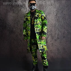 Green Graffiti Printed Hip Hop Long Suit Coat Pants Outfits Male Singer Bar Nightclub Hairdresser Party Club Dance Stage Set