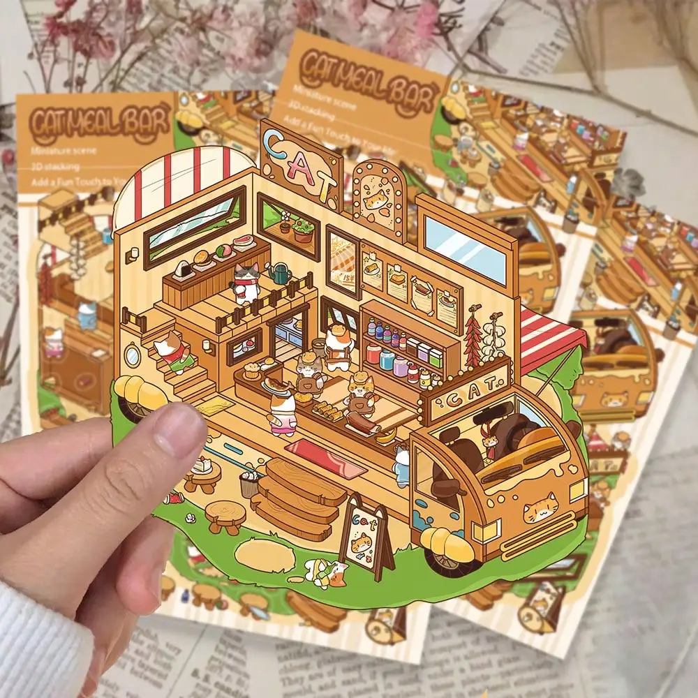 2 Sheets Cat Cafe Diorama Stickers Perspective Layered DIY Stress Relief Craft Stickers