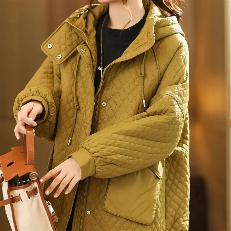 Hooded Lattice Cotton-padded Jacket Coat Women Winter Clothes 2023 New Loose High Quality Thin Warm Cotton-padded Clothes Female