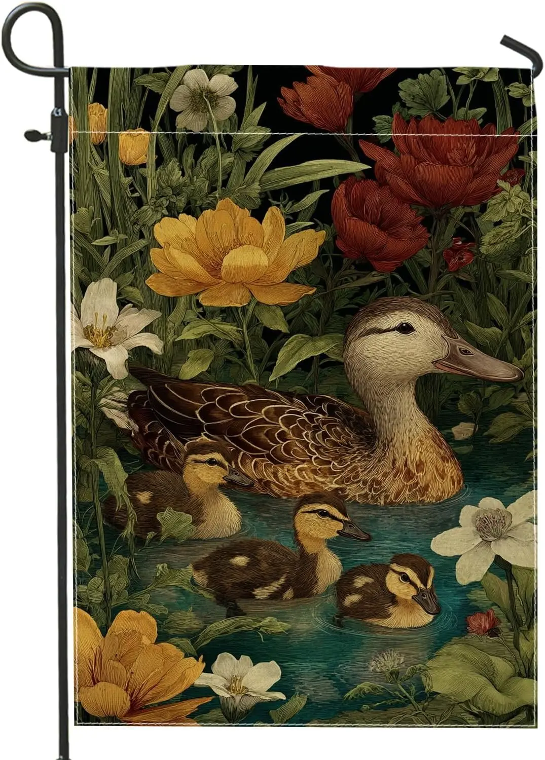 Duck Garden Flag, Nature Realistic Ducklings Flowers Spring Green Burlap Double Sided Yard Decorative Flags for Outdoor Fron ZZM