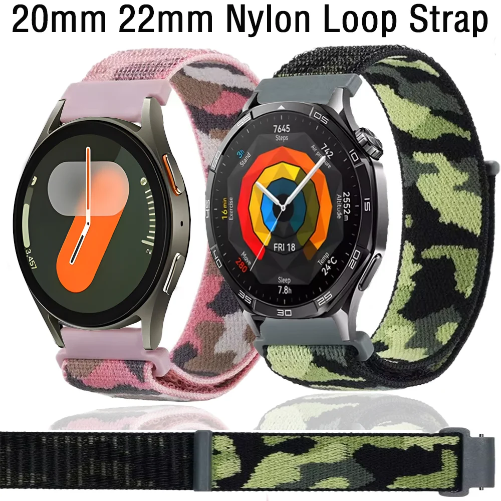 20mm 22mm Nylon Loop Strap for Huawei Watch GT5-4-3-2 46mm Camouflage Band Amazfit GTR/Stratos/GTS Samsung Watch 7 6 5 Bracelet