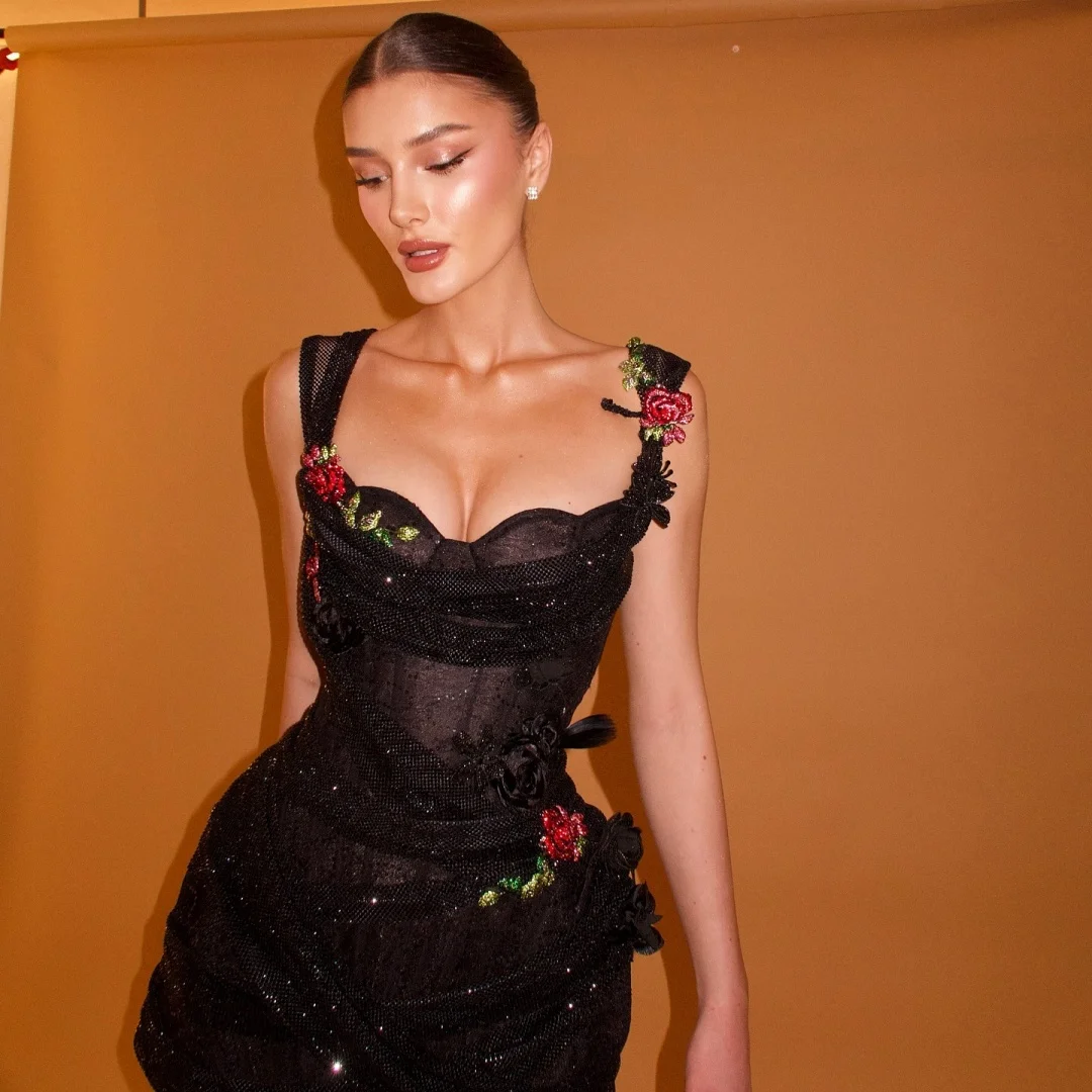Sansa Customized Black Beaded Flowers Prom Dresses Spaghetti Strap فساتين للمناسبات الخاصة Short Skirt vest image 3
