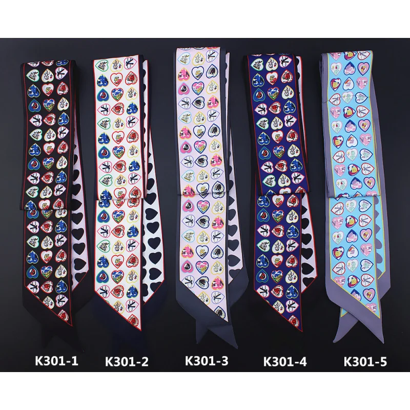 120cm * 7cm SUNBOSON Scarf New Heart Printing Emulation Silk Scarf Women Tied Bag Handle Ribbon Headband