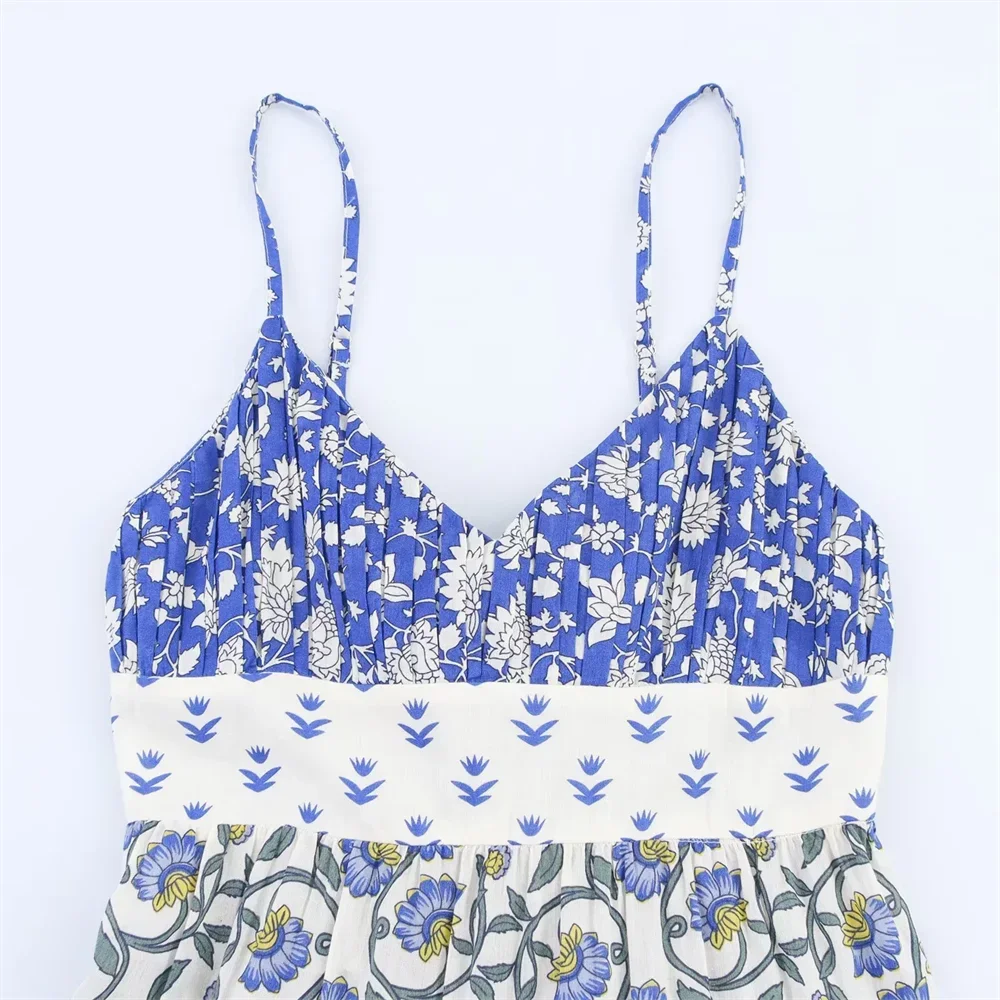 Patchwork impressão em camadas costura profundo decote em v sem costas estilingue vestido floral novas roupas femininas de verão