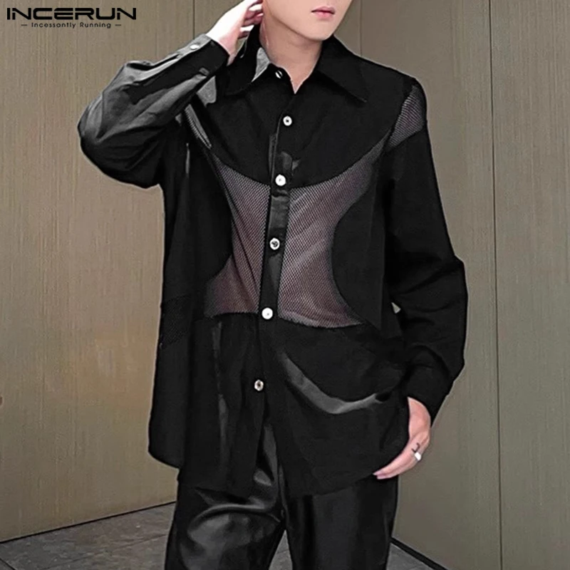 Fashion Casual Style Tops INCERUN New Men Mesh Curved Partial Splicing Shirts Handsome Male Loose Long Sleeved Blouse S-5XL 2024