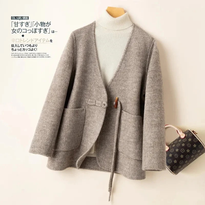 2025 Autumn Winter Woolen Jacket Women Chinese Horn Single Button Double-faced Cashmere Outerwear Female V-neck Cardigan Clothes