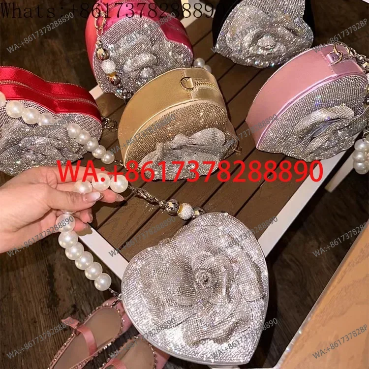 New Shiny Diamond Heart shaped Box Bag Silk Satin Camellia Banquet Bag Pearl Wrist Chain Handbag