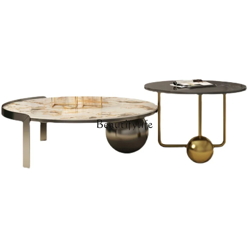 

Bright rock slab coffee table side table combination small apartment living room light luxury minimalist